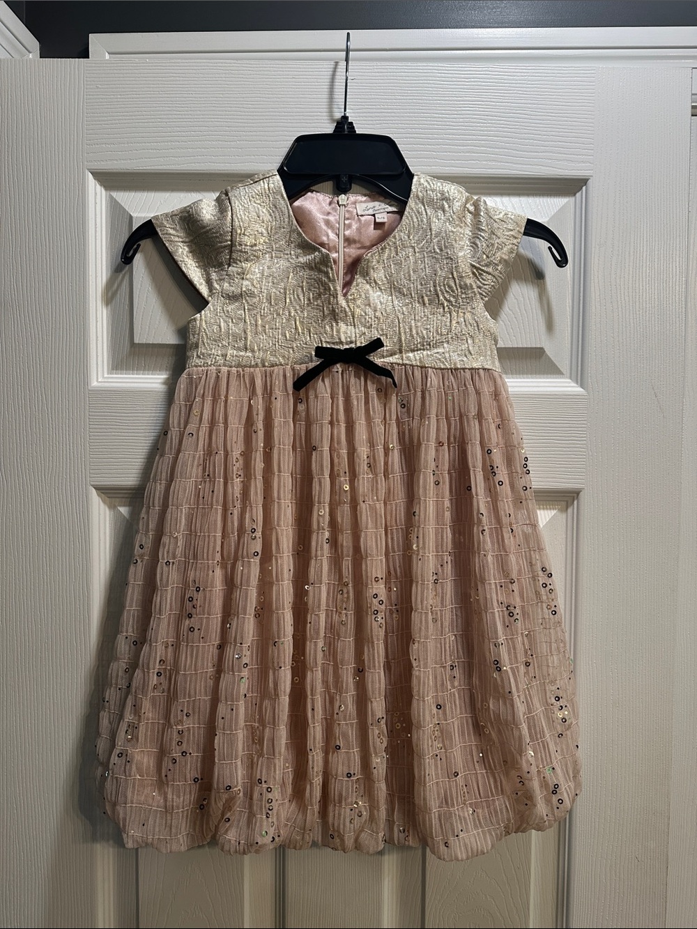Girls' Cream & Pink Sequin-Trim Party Dress with Black Bow
